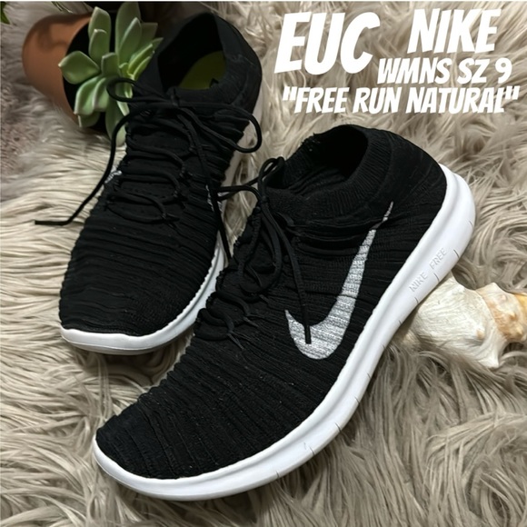 EUC-Wmns Nike Free RUN NATURALS-Sz 9-Black/White Soles-Sock Like/NO Tongue - Picture 1 of 16